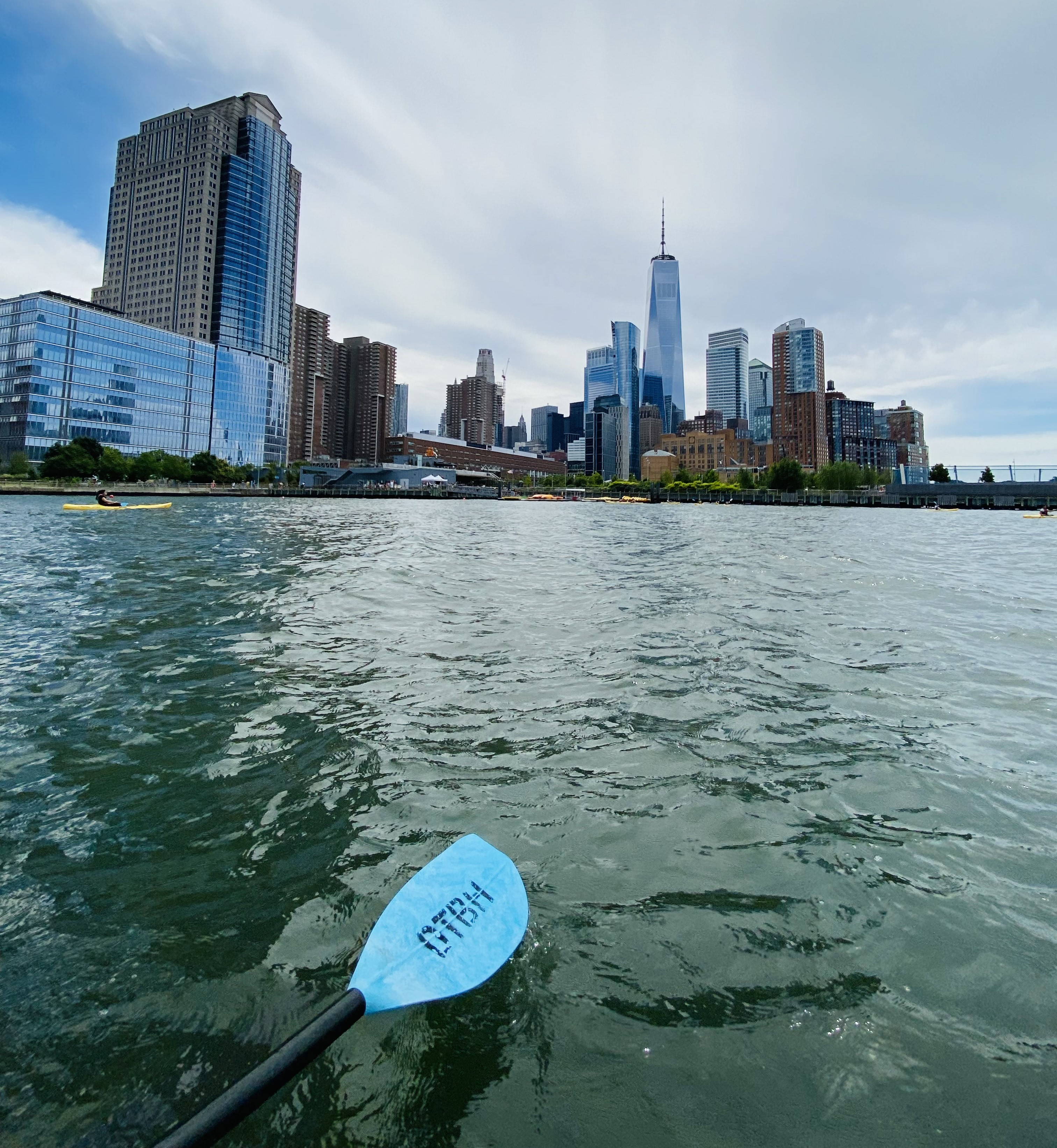 View of the One World Trade Center while kayaking on the Hudson River.
